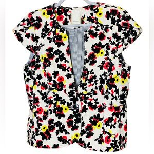 Anthropologie Elevenses Dahlia Cap Sleeve One Button White Floral Lined Blazer